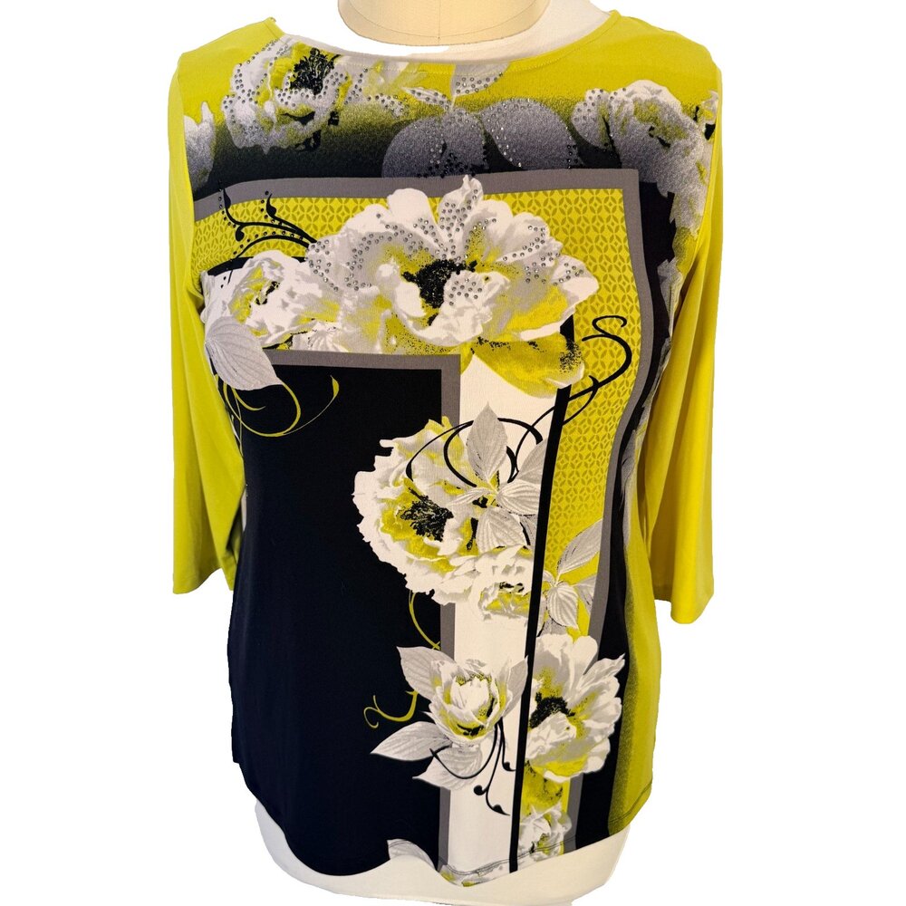 JM Collection Tunic Top Womens L Yellow Gray Floral Beaded 3/4 Sleeve Boat Neck